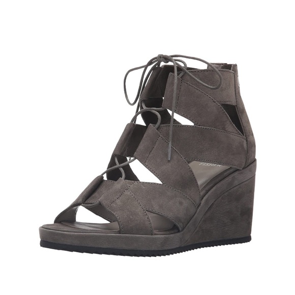 Eileen Fisher Shoes - EILEEN FISHER DIBS GREY SUEDE LEATHER LACE-UP WEDGE SANDALS